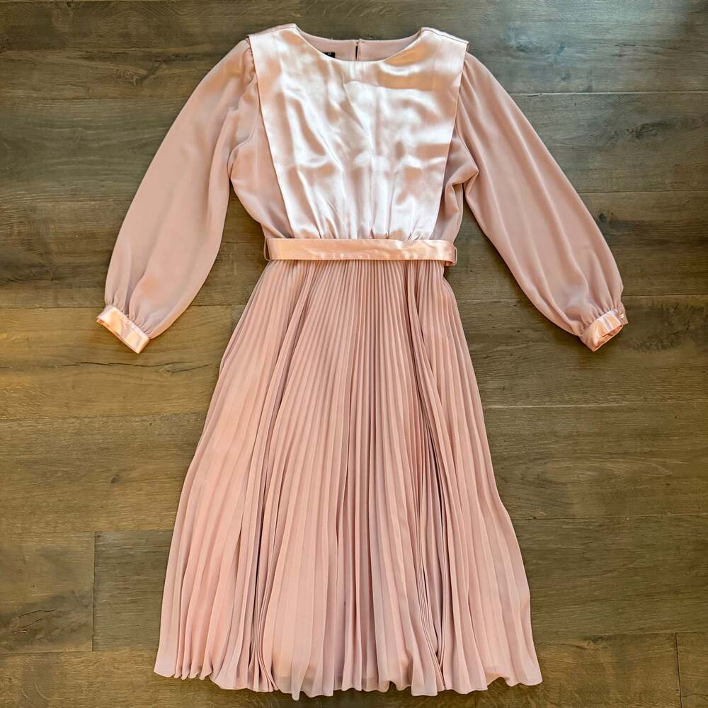 Vtg Ursula of Switzerland Pink Satin Chiffon Long Sleeve Dress, Pearls ~ Sz 12P